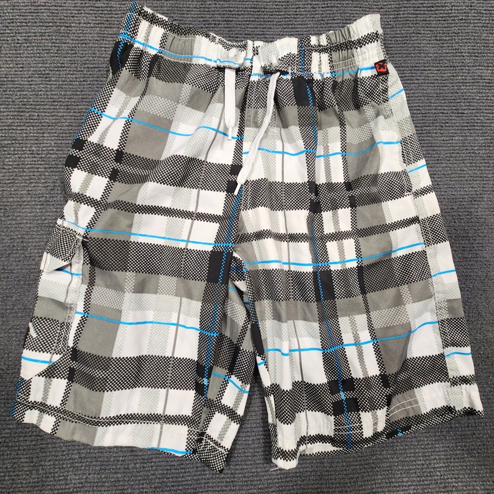 NBN Gear Swim Trunks Boys Size S 8 Gray Plaid Cargo Pocket Mesh Liner